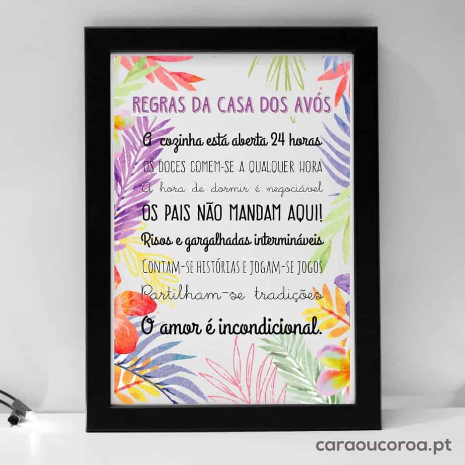 Quadro "Regras da Casa dos Avós" Floral - caraoucoroa.pt