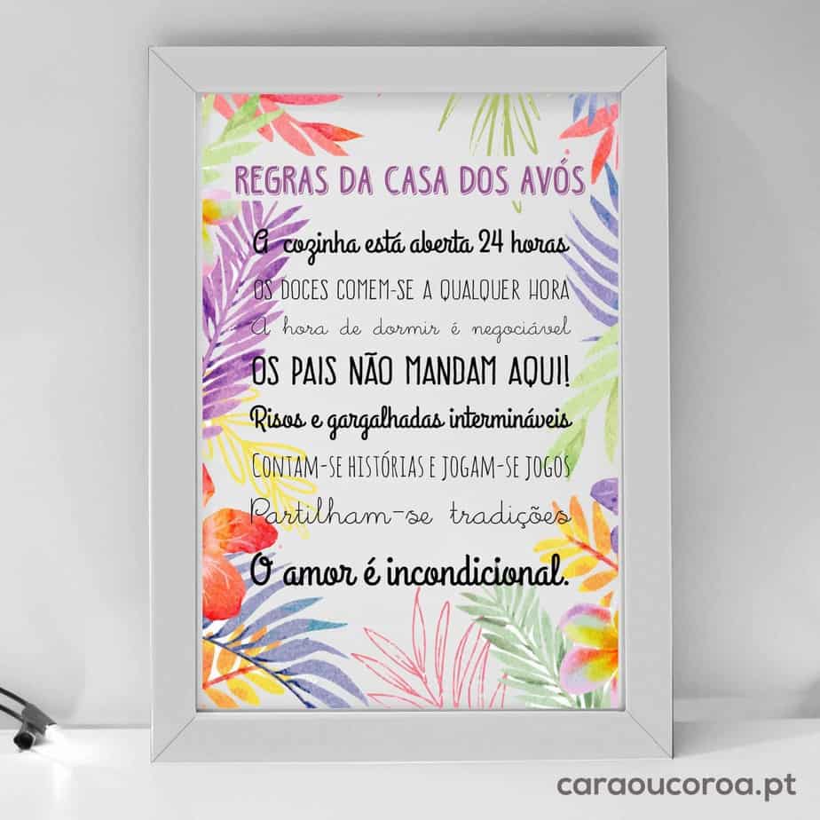 Quadro "Regras da Casa dos Avós" Floral - caraoucoroa.pt