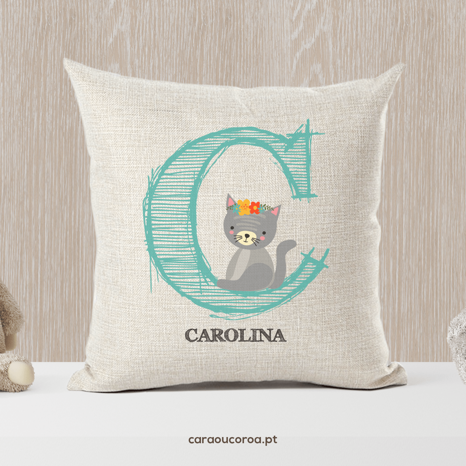 Almofada de Linho com Nome Gato - caraoucoroa.pt